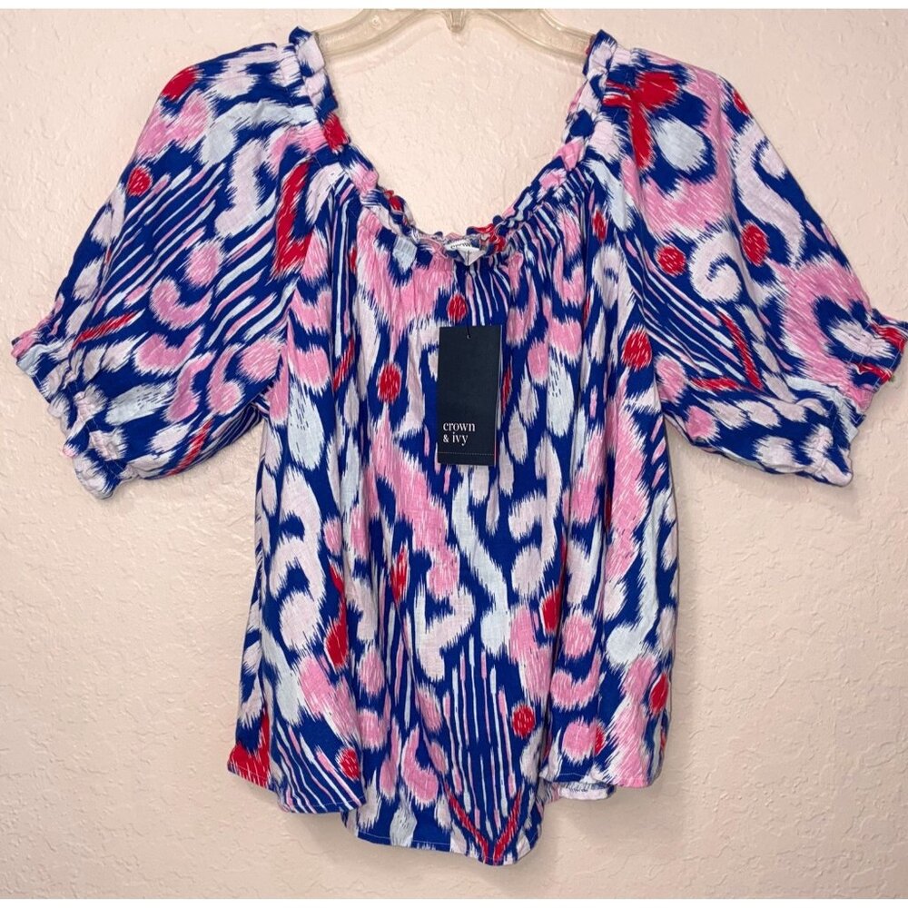 Crown & Ivy Off The Shoulder Top NEW Women XL Blue Pink Puff Sleeve Linen blend